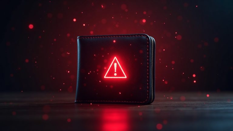 Central crypto wallet silhouette with red warning glow and xprdrop motif signaling phishing alert