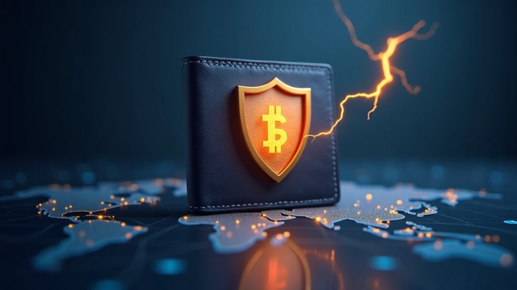 Photorealistic wallet icon with a shield blocking a cyberattack over a faint network map and a lightning bolt.