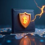Photorealistic wallet icon with a shield blocking a cyberattack over a faint network map and a lightning bolt.