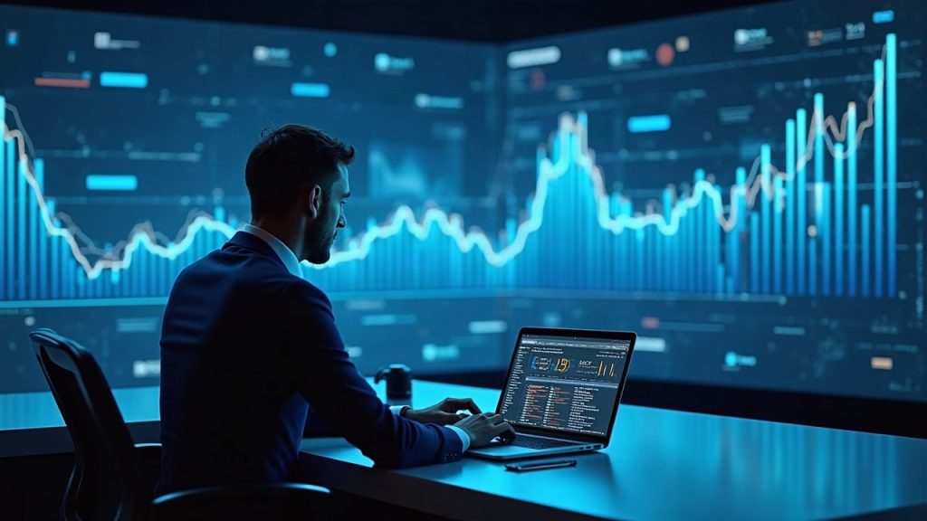 Photorealistic analyst at a newsroom desk with holographic charts showing altcoins surpassing Bitcoin in open interest.
