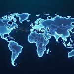 Photorealistic header: glowing arc network linking banks over a world map, live money flows in a blue crypto newsroom look.
