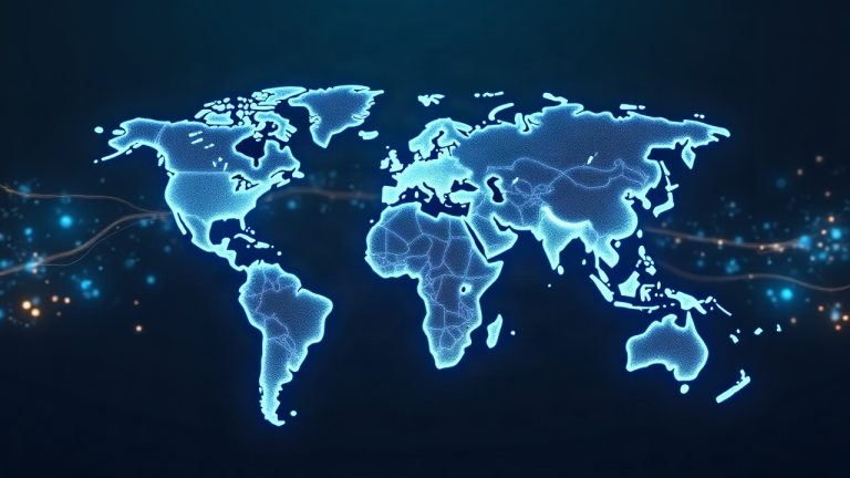 Photorealistic header: glowing arc network linking banks over a world map, live money flows in a blue crypto newsroom look.