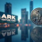 Sleek city skyline with a floating digital token above ARK Venture Fund branding, symbolizing tokenized shares.