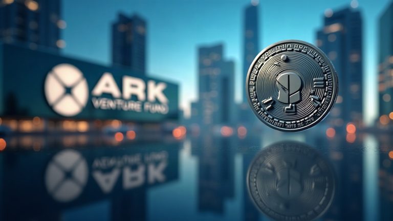 Sleek city skyline with a floating digital token above ARK Venture Fund branding, symbolizing tokenized shares.