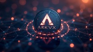Photorealistic ARKVX token orbiting a glowing Ethereum network with Securitize branding.