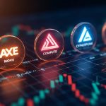 Realistic crypto newsroom header with three tokenized stock icons glowing over a Binance-style trading screen showing USDT pairs.