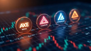 Realistic crypto newsroom header with three tokenized stock icons glowing over a Binance-style trading screen showing USDT pairs.