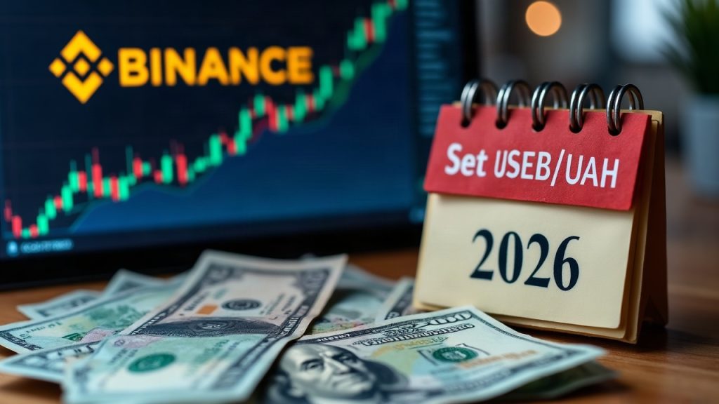 Realistic header with Binance logo, USDT/UAH delisted, faded UAH banknotes, and a Sep 28, 2026 calendar.