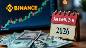 Realistic header with Binance logo, USDT/UAH delisted, faded UAH banknotes, and a Sep 28, 2026 calendar.