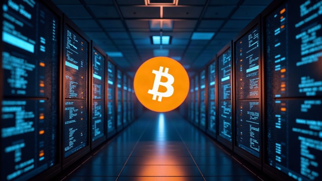 Realistic data center scene with glowing Bitcoin logo and screens displaying 0.1 sat/vB relay threshold.