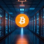 Realistic data center scene with glowing Bitcoin logo and screens displaying 0.1 sat/vB relay threshold.