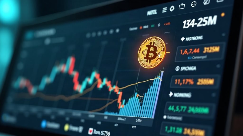 Newsroom scene with Bitcoin symbol feeding ETF dashboard showing $134.35M inflow and an IBIT label
