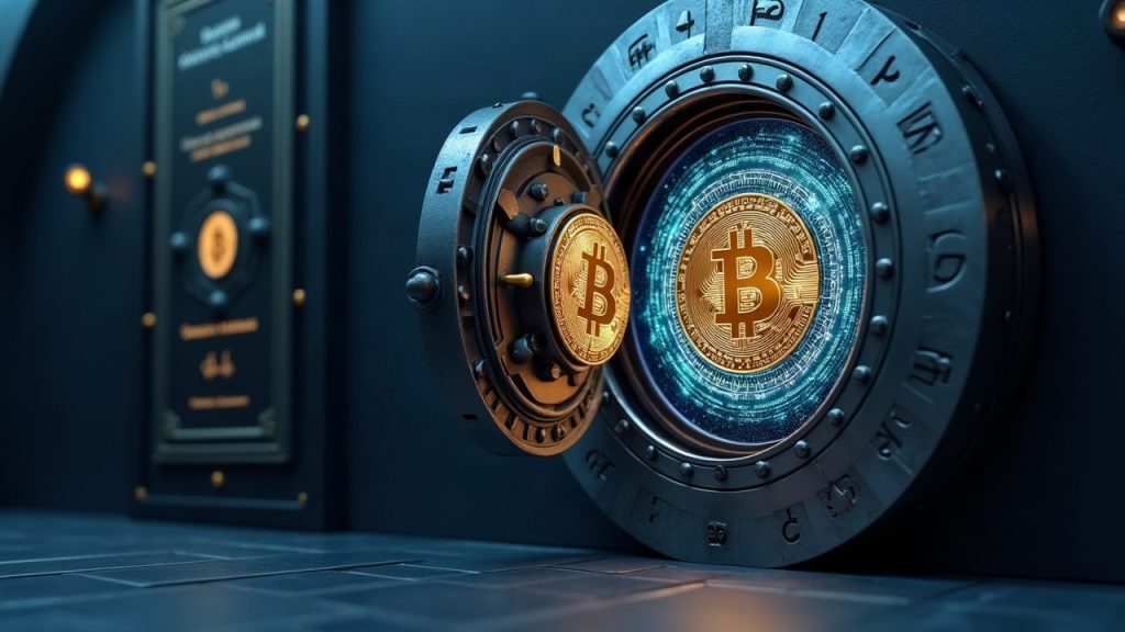 Photorealistic digital vault door with Bitcoin and stablecoin icons before a modern bank façade and OCC seal.