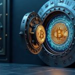 Photorealistic digital vault door with Bitcoin and stablecoin icons before a modern bank façade and OCC seal.