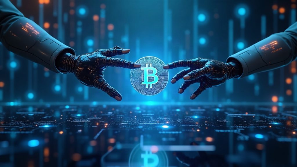 Photorealistic header showing AI agents exchanging micro-payments via Bitcoin Lightning in a hightech network with Block/X402