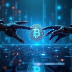 Photorealistic header showing AI agents exchanging micro-payments via Bitcoin Lightning in a hightech network with Block/X402