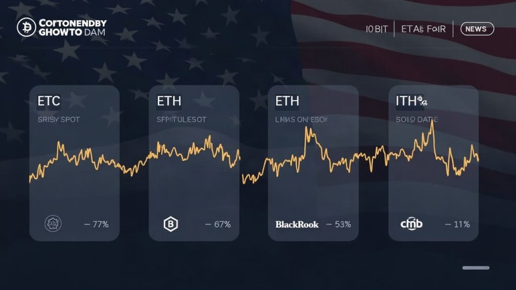 Newsroom header showing BTC and ETH spot ETF inflows with BlackRock IBIT/ETHA tickers and a subtle US flag.