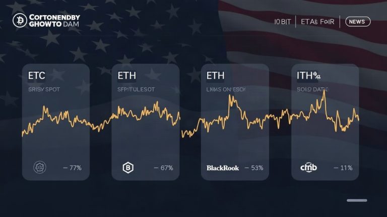 Newsroom header showing BTC and ETH spot ETF inflows with BlackRock IBIT/ETHA tickers and a subtle US flag.