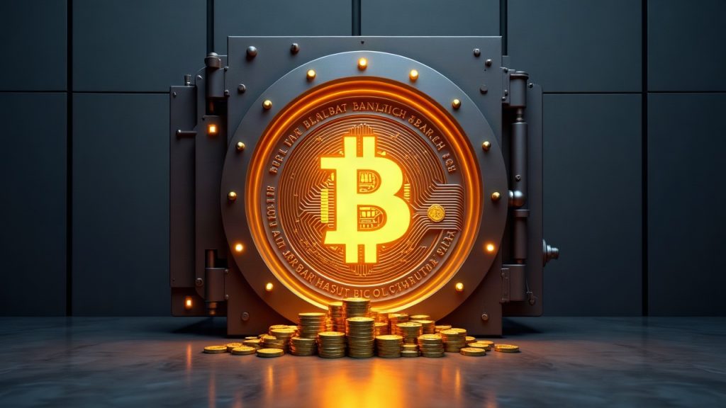 Photorealistic European fintech HQ; vault opens to reveal glowing Bitcoin logo and rising BTC stacks, symbolizing institutional treasury.