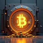 Photorealistic European fintech HQ; vault opens to reveal glowing Bitcoin logo and rising BTC stacks, symbolizing institutional treasury.