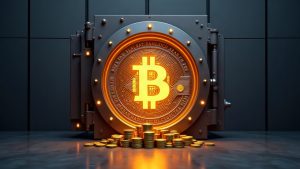Photorealistic European fintech HQ; vault opens to reveal glowing Bitcoin logo and rising BTC stacks, symbolizing institutional treasury.