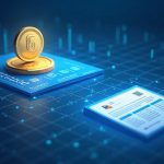 Photorealistic token morphing into an equity certificate on a blue digital grid, illustrating decentralized governance.