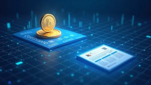 Photorealistic token morphing into an equity certificate on a blue digital grid, illustrating decentralized governance.