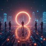 Photorealistic scene with a glowing central arc and data streams to bank silhouettes, symbolizing Circle Arc mainnet.