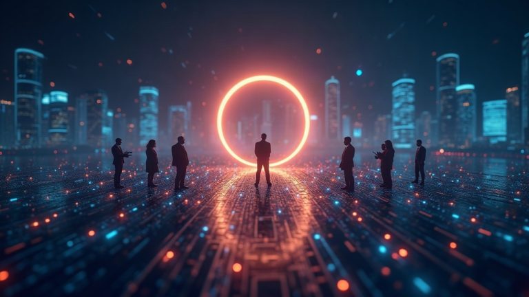 Photorealistic scene with a glowing central arc and data streams to bank silhouettes, symbolizing Circle Arc mainnet.