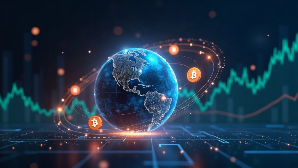 Photorealistic newsroom header: glowing globe with crypto symbols, market charts, and a Coinbase-style banner.