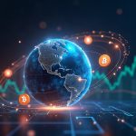 Photorealistic newsroom header: glowing globe with crypto symbols, market charts, and a Coinbase-style banner.