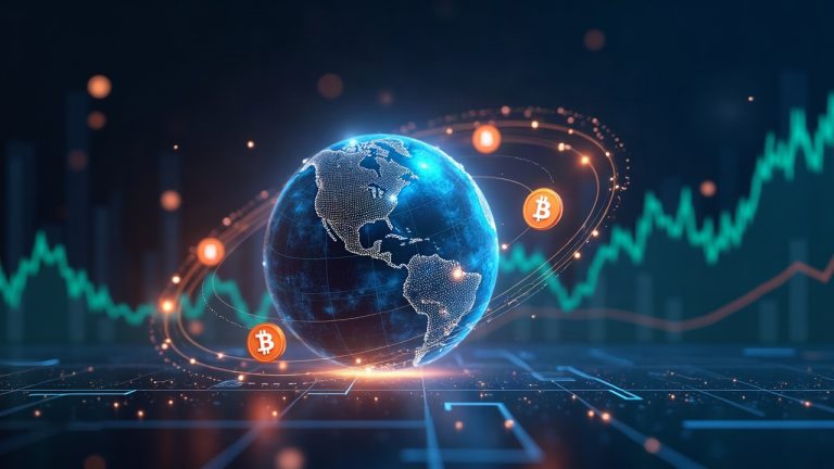 Photorealistic newsroom header: glowing globe with crypto symbols, market charts, and a Coinbase-style banner.