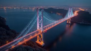 Photorealistic cross-chain bridge with a WMTX minting alert, Bitso paused trading, Ethereum glow, SingularityNET symbol.