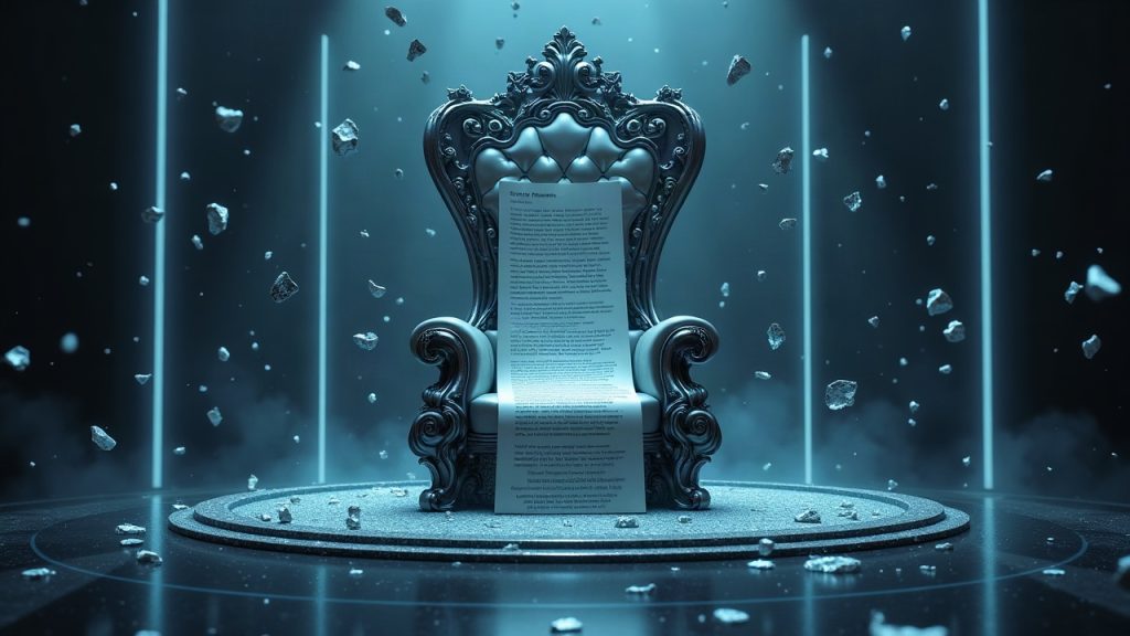 Futuristic cyber throne with floating NFT shards and a license scroll, depicting IP control vs. holder rights.