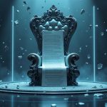 Futuristic cyber throne with floating NFT shards and a license scroll, depicting IP control vs. holder rights.