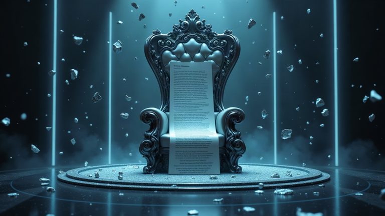 Futuristic cyber throne with floating NFT shards and a license scroll, depicting IP control vs. holder rights.