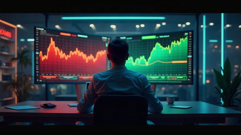 Photorealistic newsroom with analyst at center; Bitcoin red outflows and Ethereum green inflows on screens, glowing charts.