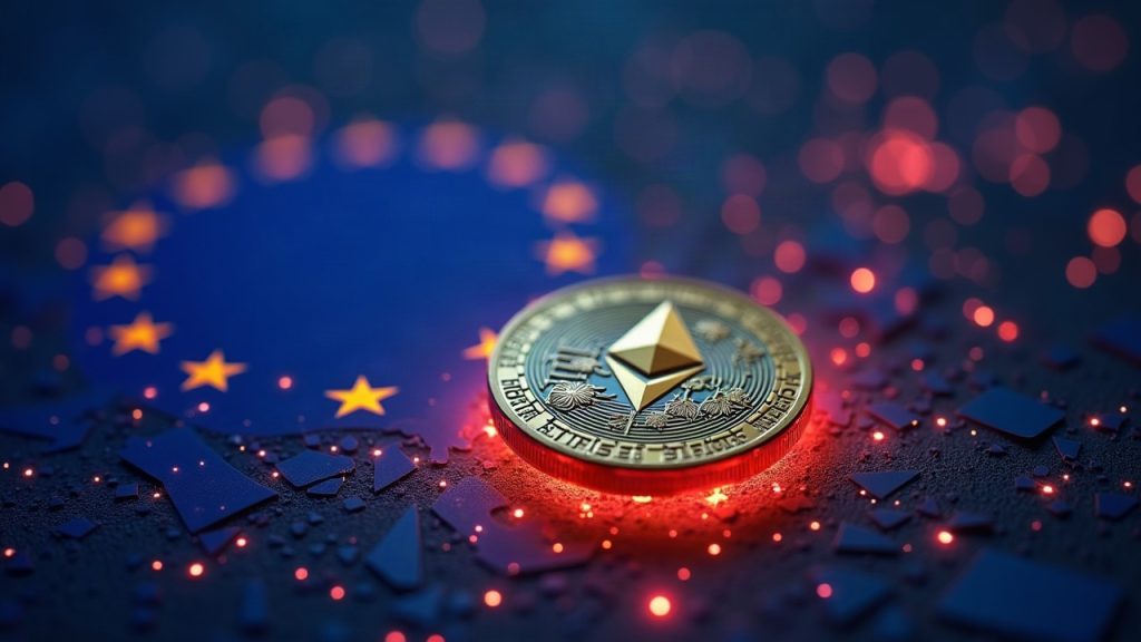 Photorealistic fintech scene: euro-backed EURR token on Ethereum with EU flag glow and subtle Revolut branding