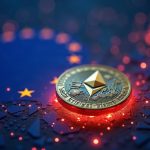 Photorealistic fintech scene: euro-backed EURR token on Ethereum with EU flag glow and subtle Revolut branding