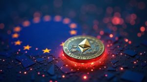 Photorealistic fintech scene: euro-backed EURR token on Ethereum with EU flag glow and subtle Revolut branding