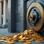 Photorealistic Federal Reserve facade with 1:1 stablecoins entering a vault beneath GENIUS Act signage.