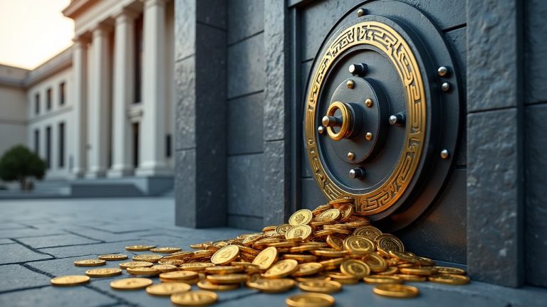 Photorealistic Federal Reserve facade with 1:1 stablecoins entering a vault beneath GENIUS Act signage.