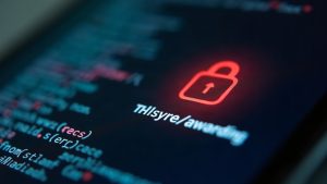 Photorealistic close-up of an iPhone screen showing a malware icon siphoning crypto wallet keys with a blockchain motif.