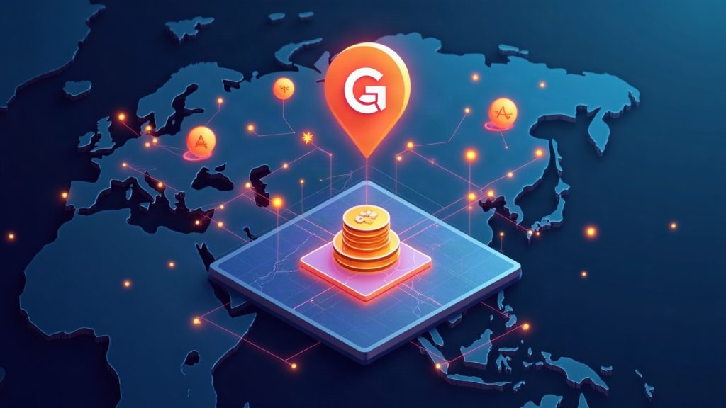 grBENJI token icon above a stylized Asia map with blockchain nodes and a modern distribution platform