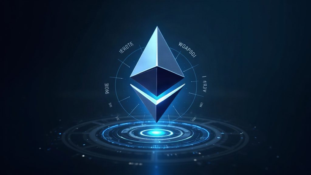 Futuristic Ethereum shard icon with a holographic roadmap, quantum-resistance shield and 2029 label.