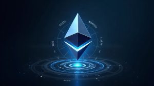 Futuristic Ethereum shard icon with a holographic roadmap, quantum-resistance shield and 2029 label.