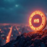Glowing HYB token badge above skyline with circuits and Avalanche logo, signaling on-chain credit access