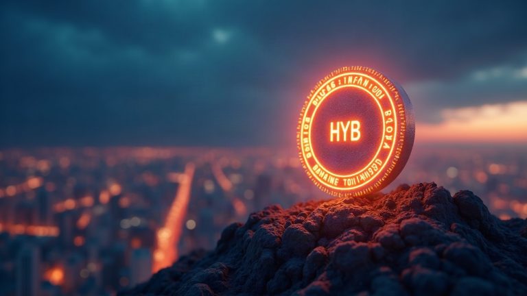 Glowing HYB token badge above skyline with circuits and Avalanche logo, signaling on-chain credit access