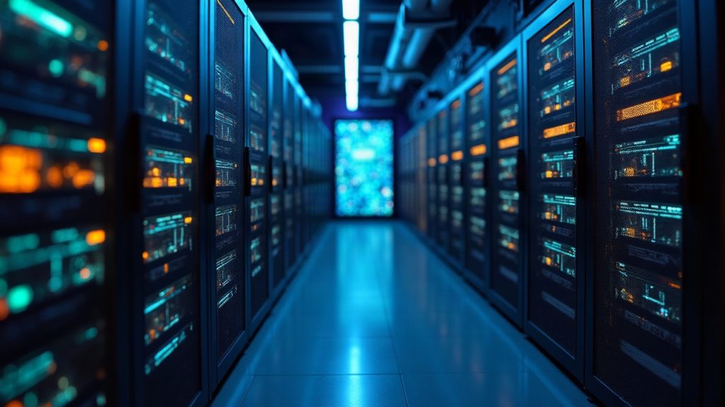 Photorealistic data center with elastic GPU racks, auto-scaling dashboards, and luminous AI neural streams