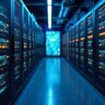 Photorealistic data center with elastic GPU racks, auto-scaling dashboards, and luminous AI neural streams